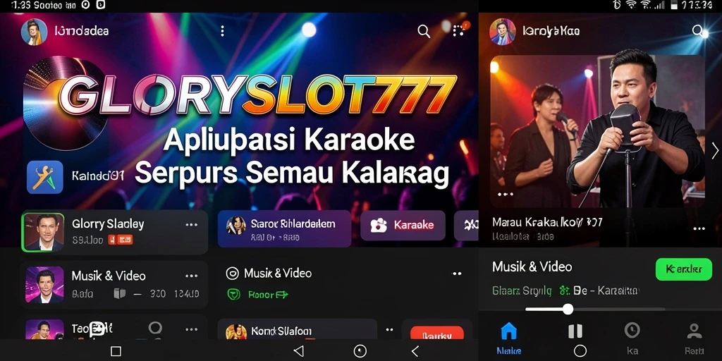 Antarmuka aplikasi GLORYSLOT777 untuk karaoke dengan fitur pencarian lagu.