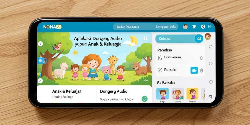 Antarmuka aplikasi NONA88 dengan fitur Dongeng Audio yang menarik.