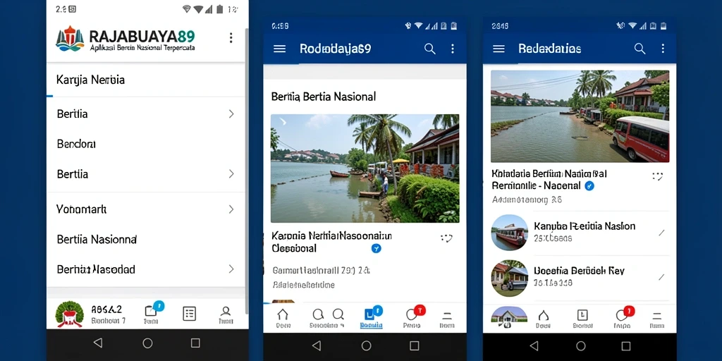 Tampilan antarmuka aplikasi RAJABUAYA89 dengan berita nasional terkini.