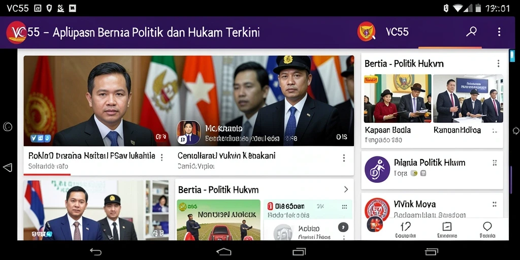 Antarmuka VC55 menampilkan berita politik dan hukum dengan desain yang modern.